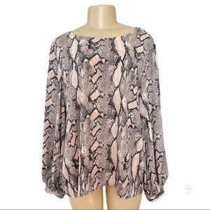 Worthington Pink Snake Skin Pattern Button Cuff Keyhole Neckline Closure Blouse